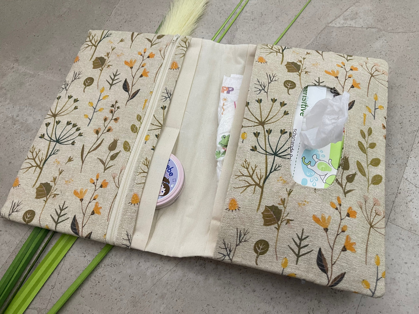 Wickeltasche Windeltasche Baby - Loneta Natur Blumen