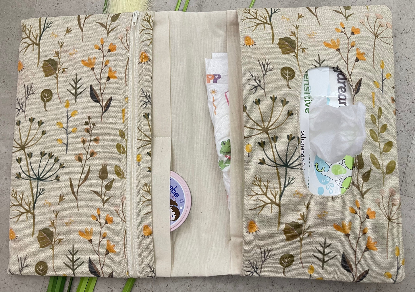 Wickeltasche Windeltasche Baby - Loneta Natur Blumen