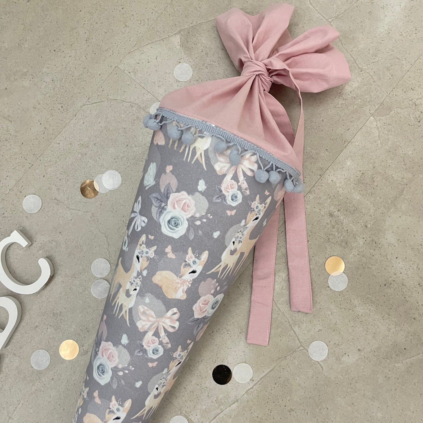 Schultüte Zuckertüte Einschulung Groß 70cm Handmade / Rehe grau