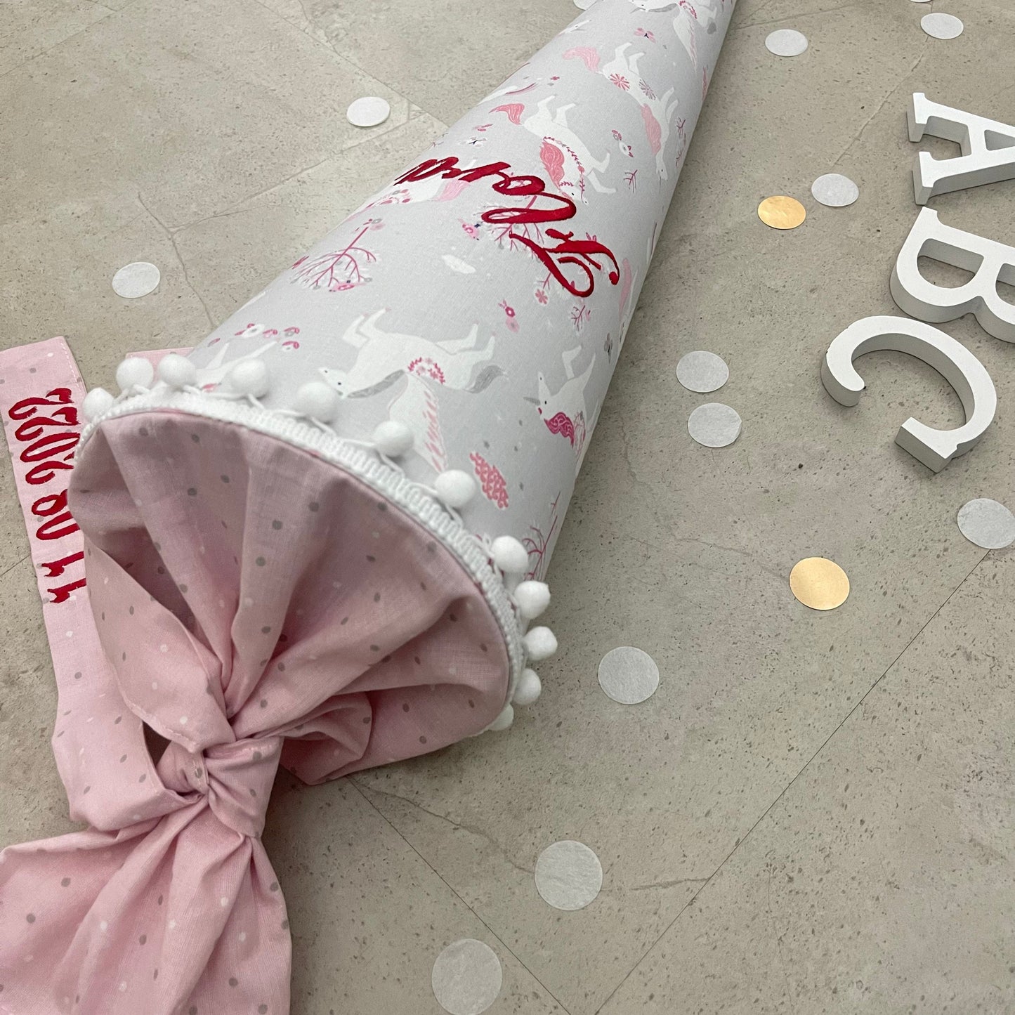 Schultüte Stoff Zuckertüte Einschulung 70cm Handmade Einhorn/Grau