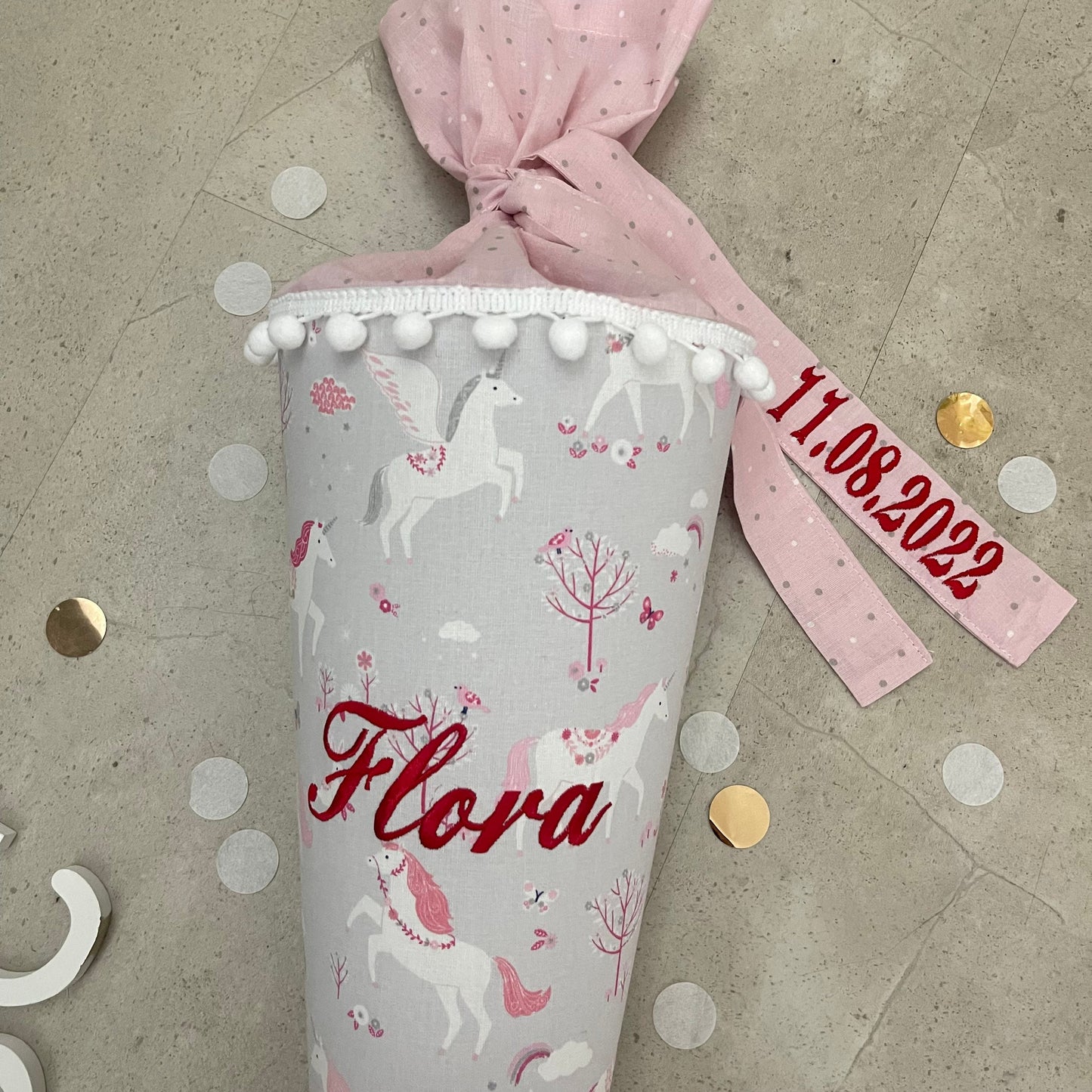 Schultüte Stoff Zuckertüte Einschulung 70cm Handmade Einhorn/Grau