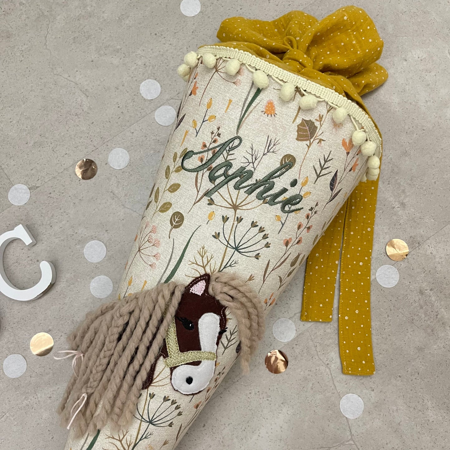 85cm Schultüte Stoff Zuckertüte Einschulung Handmade - Pferd Stoff Blumen