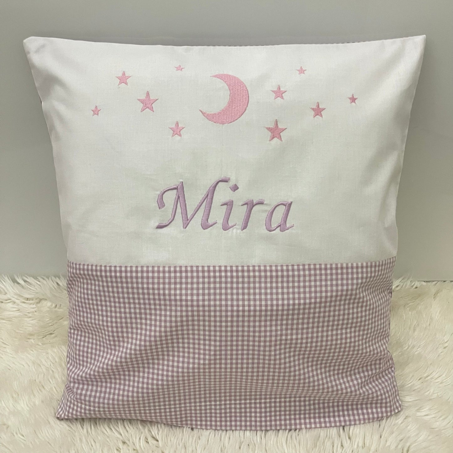Namenskissen, Kuschelkissen, Personalisierung gestickt | Mond und Sterne