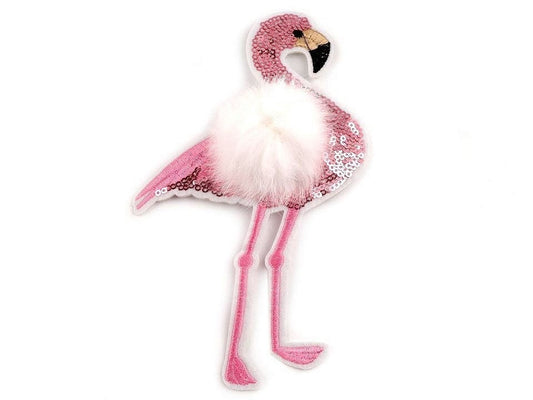 Aufnäher Aufbügler Flamingo weiß rosa Pailletten Fell