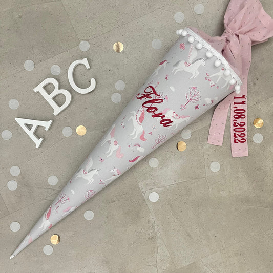Schultüte Stoff Zuckertüte Einschulung 70cm Handmade Einhorn/Grau